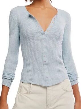 1324. FREE PEOPLE Going Places Long Sleeve Cardigan in Pearl Blue Sz L NWT $40